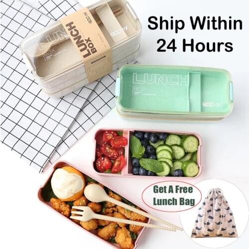 3 Layer Wheat Straw Bento Box Portable Healthy Material Lunch Box Microwave Dinnerware Food Storage Snack Container for Kids