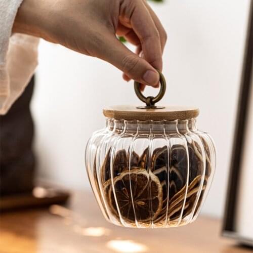High Borosilicate Glass Tea Can Bamboo Cover Striped Storage Bottle Household Flower Tea Dry Fruit Sealed Bottle Flower Tea Jar