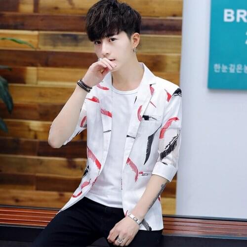 DYB&ZACQ Summer Seven Minute Sleeve Printed Suit Jacket Male Thin Sleeve Small Suit Handsome Casual Mens Single Western Clothes
