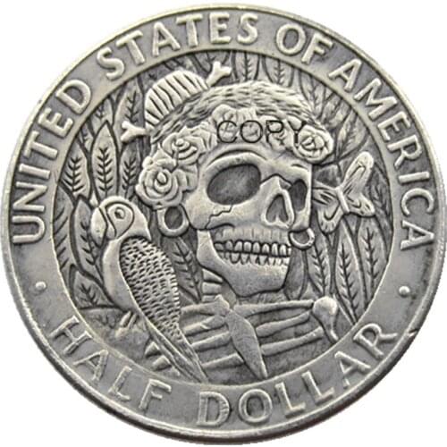FK(08) Hobo Creative 1964 Kennedy Silver Half Dollar skull zombie skeleton hand carved Silver Plated Silver Plated Copy Coins