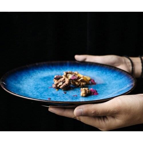 Ceramic Western Style Blue Round Flat Tray Food Steak Dinner Plate Tableware