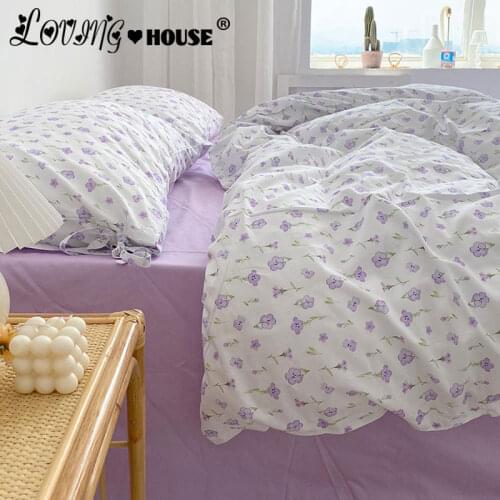 Purple Floral Bedding Set Double Bed Lattice Sheet Gentle Lovely Girl Room Decoration Quilt 4 Pieces Linen Cotton Duvet Cover