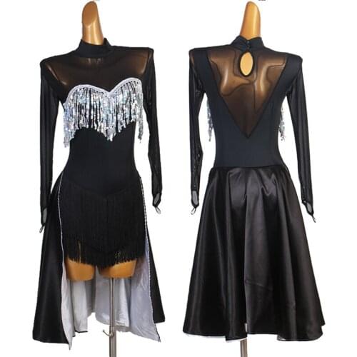 Latin Dance Sequin Tassel Competition Costume Women Girls Customized Rumba Tango Modern Performance Clothes Practice Wear LT1047