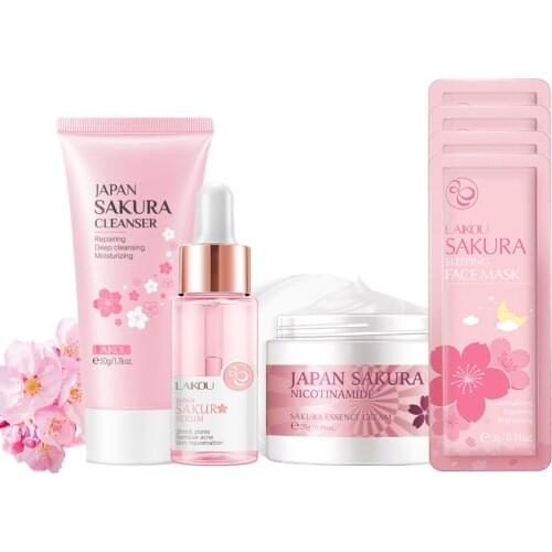Facial Serum Skin Care Set Cherry Blossom Essence Collagen Face Cream & Face Serum & Facial Sleeping Mask Skincare Kits