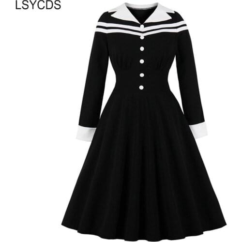 LSYCDS Autumn Long Sleeve Black Dress Elegant Women Button Front Contrast Notched Neck Stripe Midi Swing Vintage Dresses