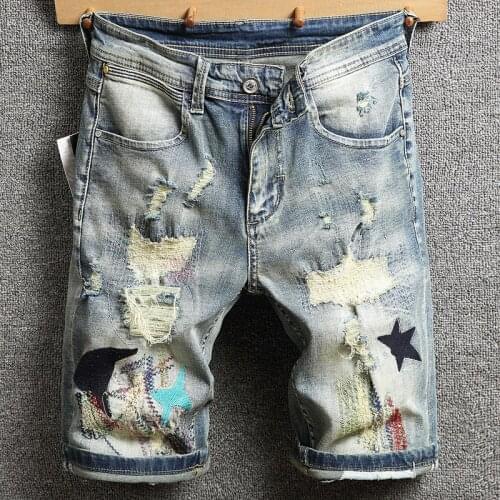 2021 New Summer Mens Denim Shorts Retro Embroidery Ripped Short Jeans Street Fashion Thin Section Hole Slim Knee Length Pants