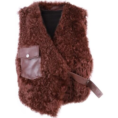 YOLOAgain 2021 Autumn New V-Neck Women Lamb Fur Vest Curly Sheep Fur Gilet Ladies