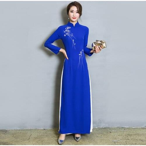 New Retro Chinese Style Aodai Temperament Improved Cheongsam Long Maxi Chiffon Dress Leisure Fake Two Pieces Tea Dress Vinatge