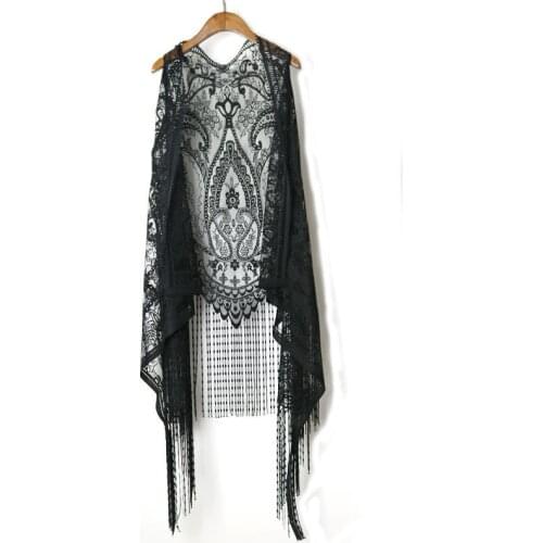 Crochet Lace Harajuku Holiday Blouses Lace Crochet Boho Tops Women Sleeveless Tassles Hollow Out Blouse Beach Kimono Cardigan