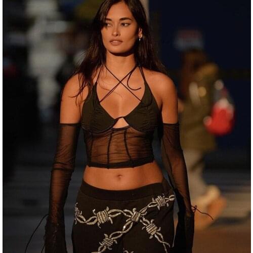 Sexy low cut mesh top women Halter autumn new club party black see-through Transparent long sleeve tee shirt female