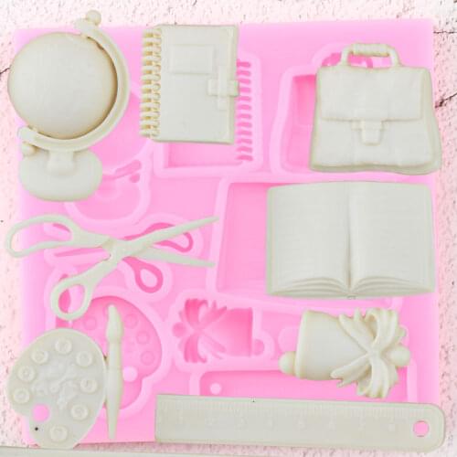Globe Study School Bag Book Scissor Drawing Pen Silicone Molds Fondant Cake Decorating Tools DIY Candy Chocolate Gumpaste Mould