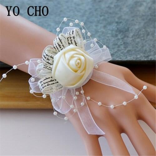 YO CHO Wrist Corsage Bridesmaid Wedding Bracelet Artificial Silk Rose Flower Woman Corsage Wedding Planner Supplies Pink Flower