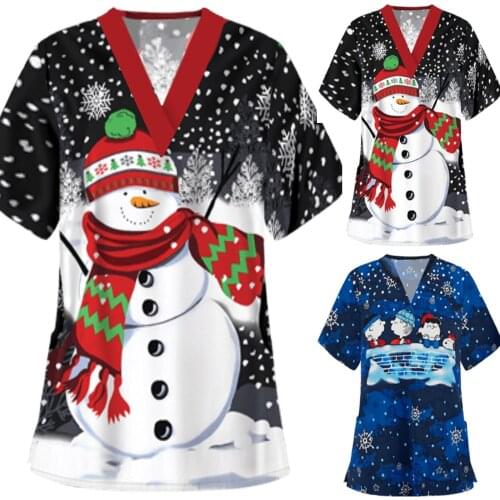 Scrubs Uniform For Women V-Neck Short Sleeve Tops Womens Christmas Print Pockets Blouse Nurse Accessories медицинская одежда W5