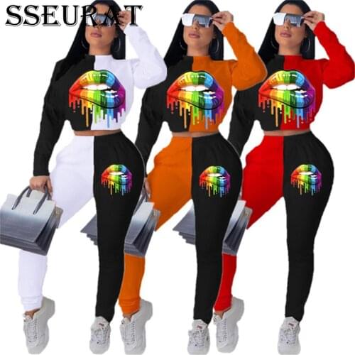 SSEURAT 2021 Autumn Women Tracksuits Turtleneck Mouth Print Long Sleeve Top Long Pants two piece set Casual Sporty Outfits