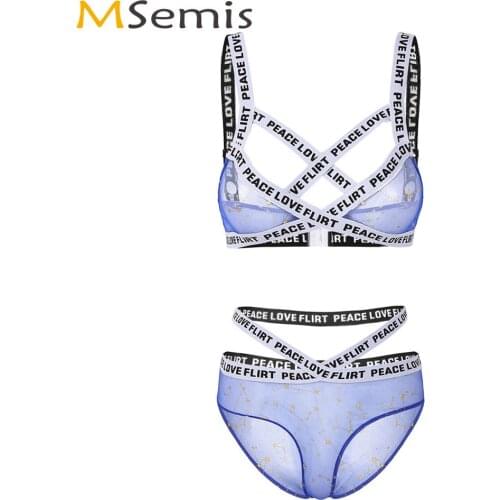 Womens Strappy Sheer Mesh Lingerie Set Exotic Criss Cross Stars Print Apparel Unlined Bra with High Waist Briefs Sexy Nightwear