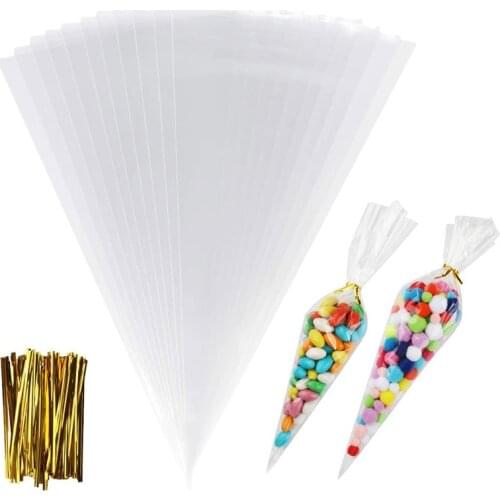 50Pcs Candy Bags Gift Bags Cones Transprant Plastic Storage Bags Wedding Birthday Party Halloween Favors Decoration Cellophane
