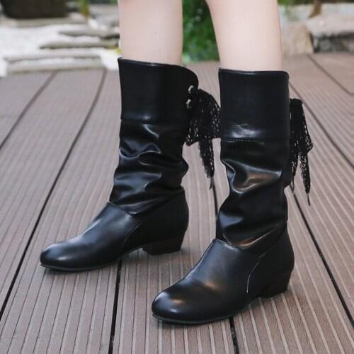Ladies high-quality pu leather mid-heel calfskin casual lace-up autumn and winte short fashion pleated round toe women boots
