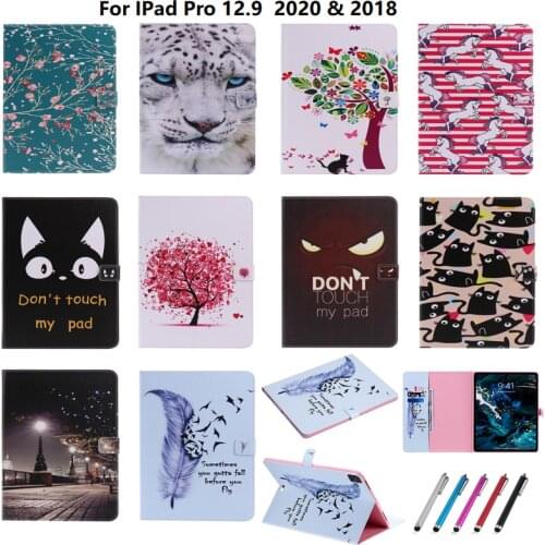Coque For iPad Pro 2020 Case 12.9 inch Tiger Cat Feather Smart Painted Leather Stand Cover For Funda iPad Pro 12 9 2020 Case+Pen