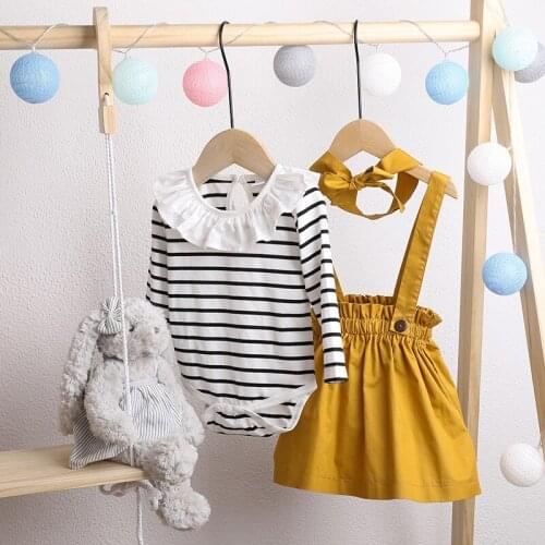 Baby Girls Clothes BABY Long Sleeves Autumn Suits Striped Ruffle Rompers+Suspender Skirt+Hair Band 3 PCS Sets Kids Cotton Outfit