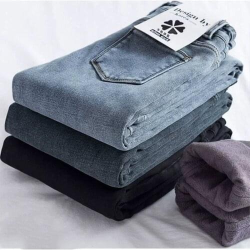 Fleece Skinny Jeans Woman High Waist Ankle Style Jeans Womens High Elastic Skinny Stretchy Pencil Pants Snow Wash Denim Jeans