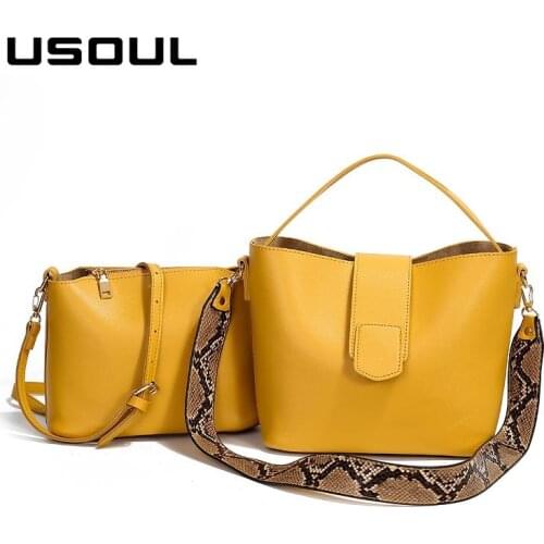 USOUL Composite Bag Woman Bucket Crossbody Handbag Large Capacity Shoulder Messenger Bags for Women Snake PU Leather Bag Yellow