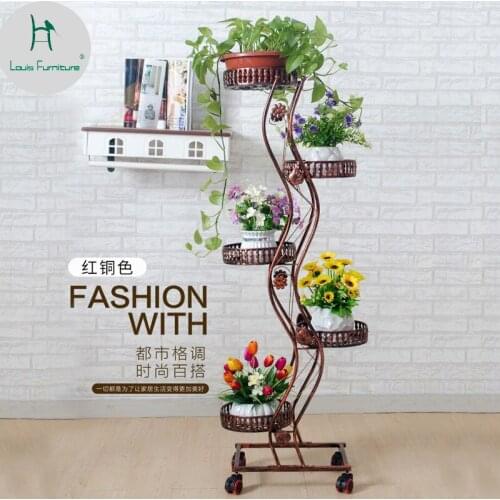 Louis Fashion European Iron Multi Layer Movable Push and Pull Flower Frame with Wheel Floor Mounted Flower Stand Living Room