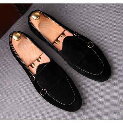 Hombre Fashion Round Toe Flock Casual Flat Dress Shoes Male Increase Horsebit Comfortable Loafers Men Slip On Dreby Shoes