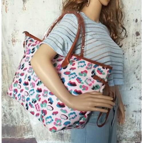 Fashion Women Canvas Leopard Handbag Cowhide Shoulder Bags Ladies Large Travel Tote Purse Leopard Shopping Bag