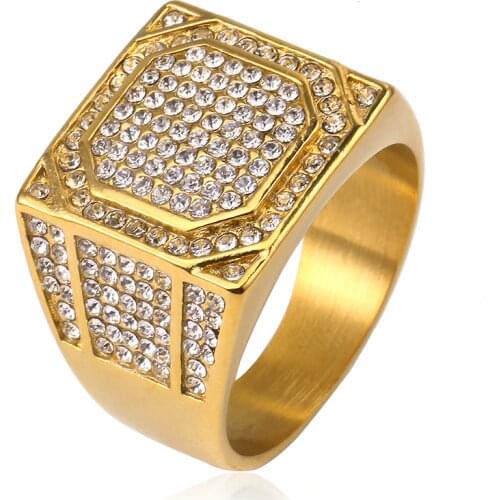 Hip hop Iced Out High Quality Stainless steel Micro Pave CZ Finger Ring Silver Gold Color Square Rings For men Jewelry