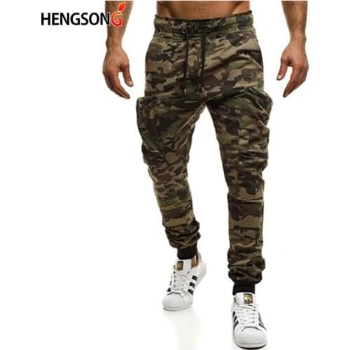 2019 New Men Cargo Pants Safari Style Male Fitness Pants Sportswear Pocket Drawstring Casual Pants Camougflage Printed Trousers