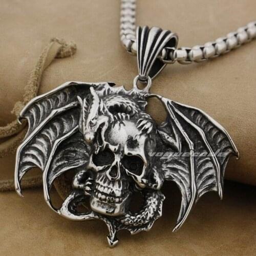 316L Stainless Steel Huge Dragon Skull Pendant Mens Biker Rocker Punk Style 4T034 Steel Necklace 24 inches