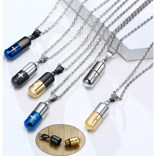 Hollow Pill Necklace for Men Women,Cross Engraved,Cremation Urn Pendant,Perfume Holder,Ashes Vial Keepsake Memorial Jewelry