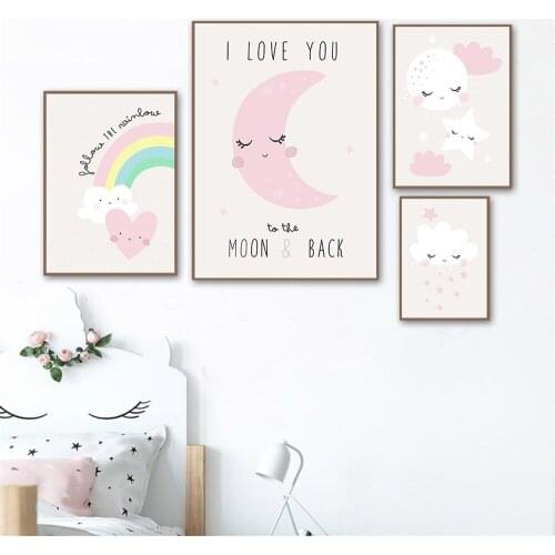 Pink Star Cloud Moon Canvas Poster Rainbow Painting Nursery Wall Art Print Child Posters Nordic Wall Pictures Girls Room Decor