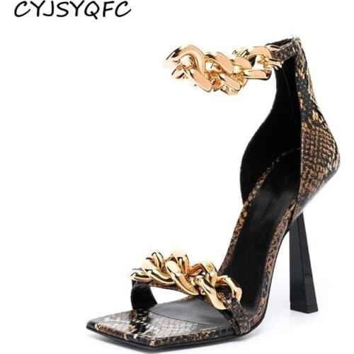CYJSYQFC New Summer Square Toe Roman Sandals Metal Chain Decor Real Leather Ankle Strap Strange High Heels Shoes Punk Goth Style