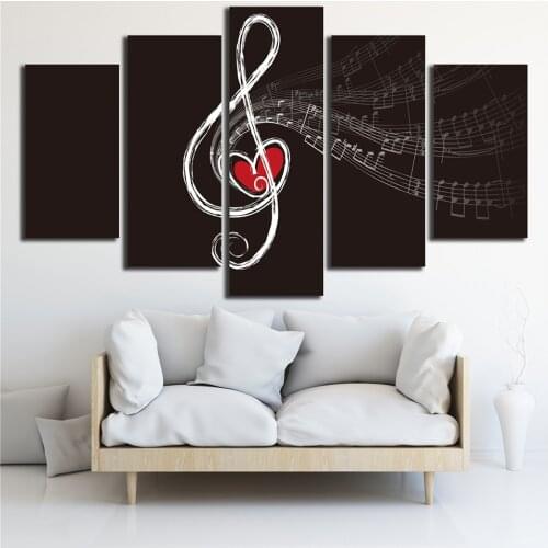 Modern Canvas Living Room Home Decor Pictures 5 Panel Musical Note Love Painting Wall Art Modular Poster Framework HD Printed