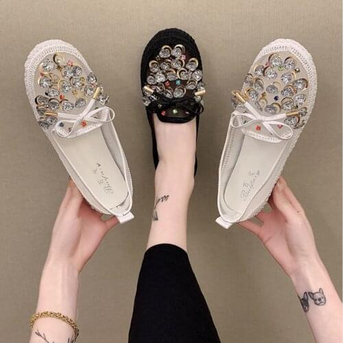 Crystals Pearl Butterfly-Knot Women Flats Bling Woman Net Yarn Shoes Ladies Soft Sole Slip-On Bling Shoes Ladies Black Loafers