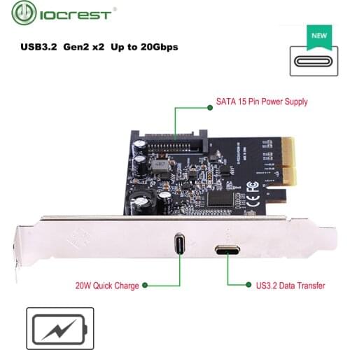 IOCREST PCIE3.0 To USB3.2 Type-c 20G Data Transfer and 20W Quick Charge USB-C controller Card