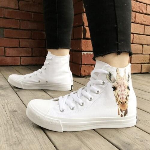 Wen Original Design Hand Painted Animal Shoes Cute Giraffe Pattern High Top White Canvas Unisex Shoes Sneaker Lacing Shoes Skate