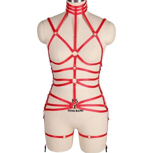Women Club Rave BDSM Apparel Goth Sexy Body Bondage Harness Garter Belt Set Restraints Chest Bra Suspenders Fetish Dance Dress