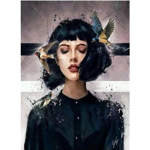 Nordic Style Short Hair Woman Hummingbird 5D Diamond Painting Full Square Round Diamond Embroidery Home Decor Mosaic Pattern