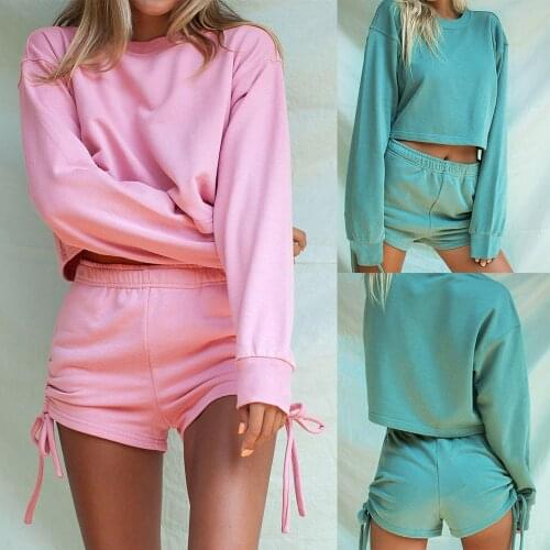 Women’s Casual Two Piece Suits Fashion Home Solid Color Exposed Navel Long Sleeve Pullover Top and High Waist Drawstring Shorts