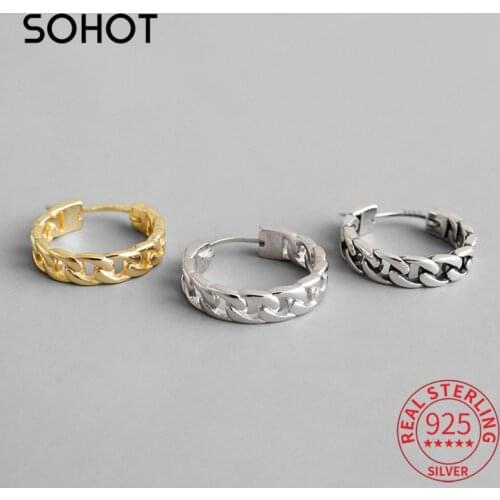 SOHOT Real 925 Sterling Silver Retro Chain Women Hoop Earrings Chic Circle Punk Style For European Female Popular Jewelry