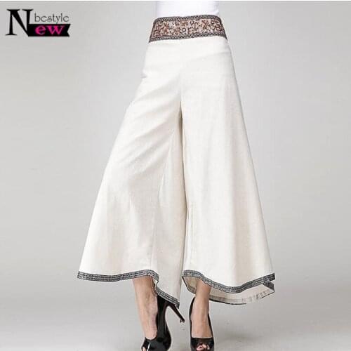 2019 Summer Embroidery Pants National Wind Women Cotton Linen Wide Leg Pants Bohemia Flared Trousers Dance White Sequins Pants