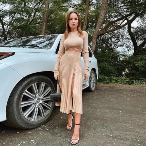 Green white Two Piece Set Women Sweater Dress Spring Summer Fashion Knitted Suit Sexy Outfit Long Sleeve Crop Top And Skirt Set