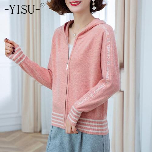 YISU Women Spring Hooded Sweater Cardigan Spring tops Long sleeve Spring tops Female Casual Thin section Knitted Cardigan