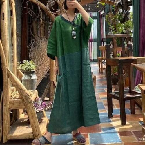 FairyNatural Linen Patchwork Ladies Vintage Belt Dresses Chinese Style V-Neck Women Loose 2021 Summer Dress Three Quarter Sleeve