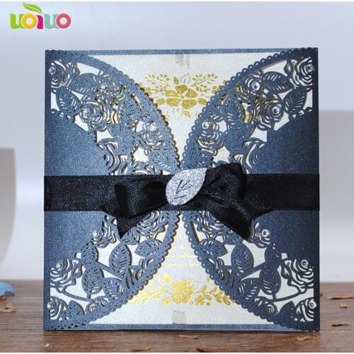 DIY 25set free customize inc259 black laser cut wedding invitation card+tied bow+brooch rhinestone+printing card+envelope seal