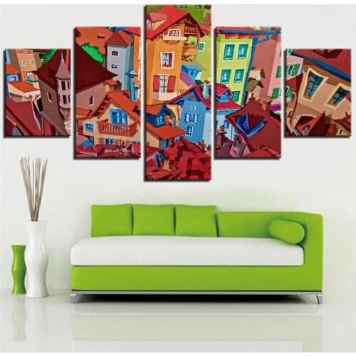 5 Pieces Colorful Houses Canvas Painting Cartoon Wallpapers Hotels Building Posters Pictures Abstract For Home Kids Room Decor