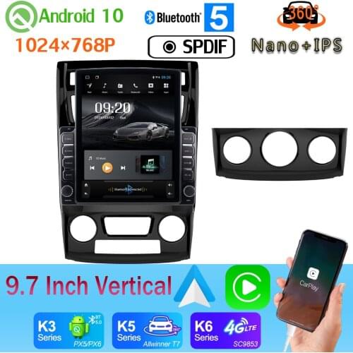 9.7" Tesla Style Radio 4G WiFi CarPlay DSP Android 10.0 PX6 4G+64G 360 Camera For Kia Sportage 2 JE KM 2007-2013 GPS Car Media