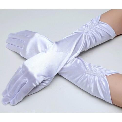 Full Finger Black Red Satin Bridal Gloves Pearls Elegant White Wedding Gloves Lady Formal Banquet Gloves for Bride Evening Party